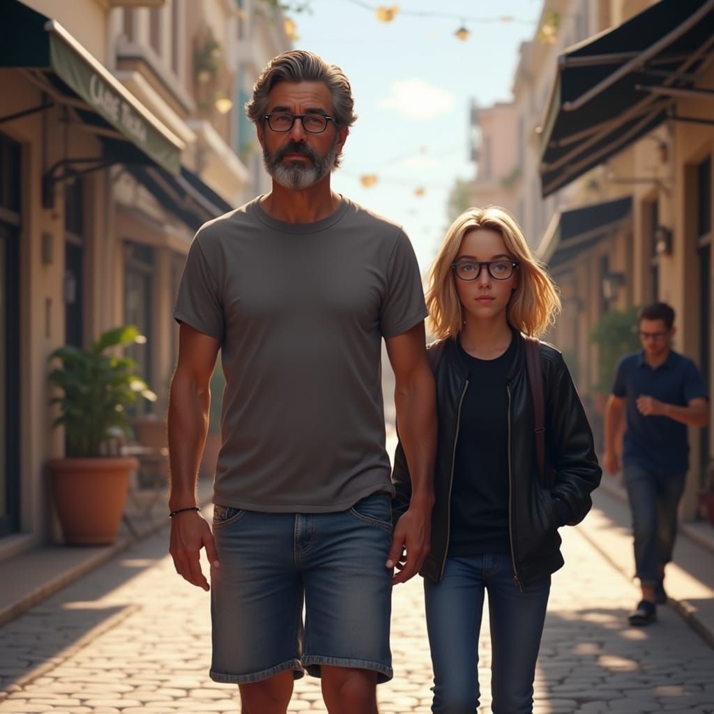 Family Morning Walk in Sunlit City