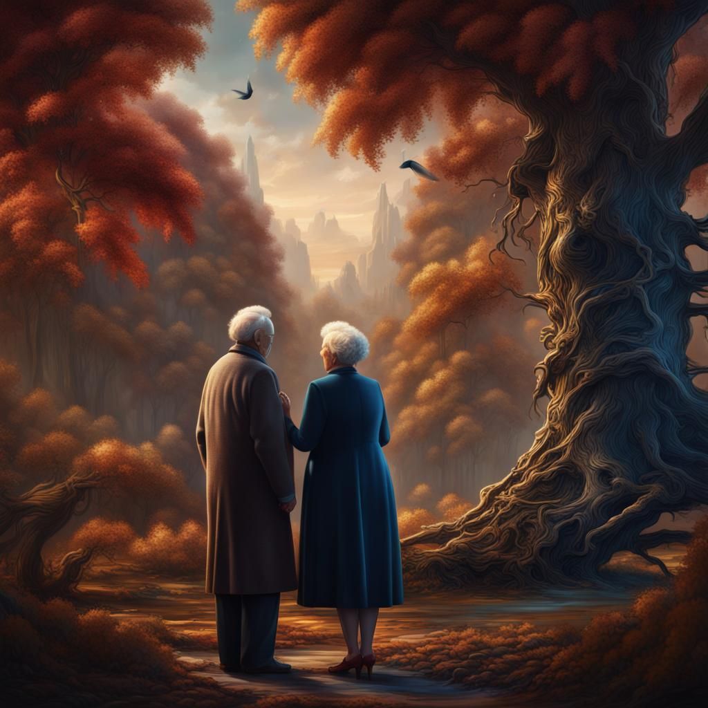 Old Couple Gaze at Velvet Fantasy Painting