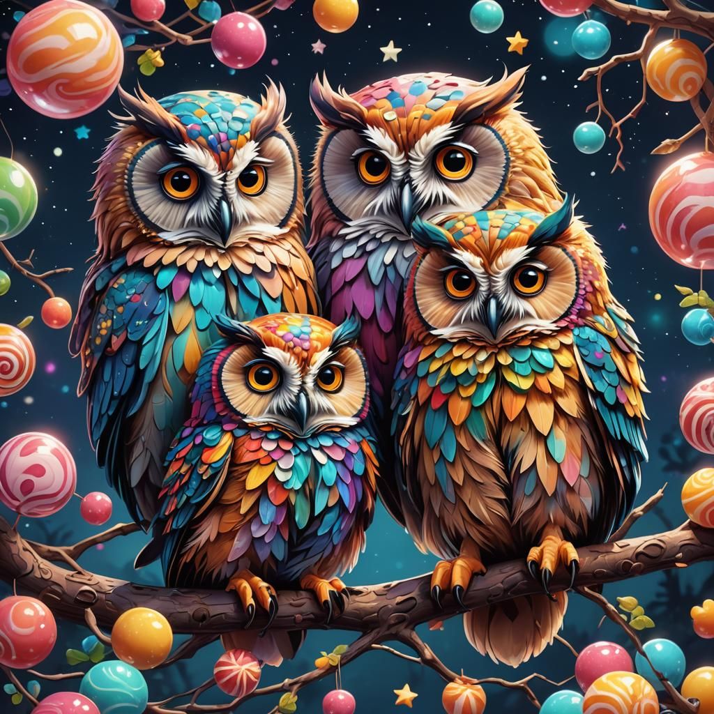 Colorful Owls on Branch in Candy Art Style