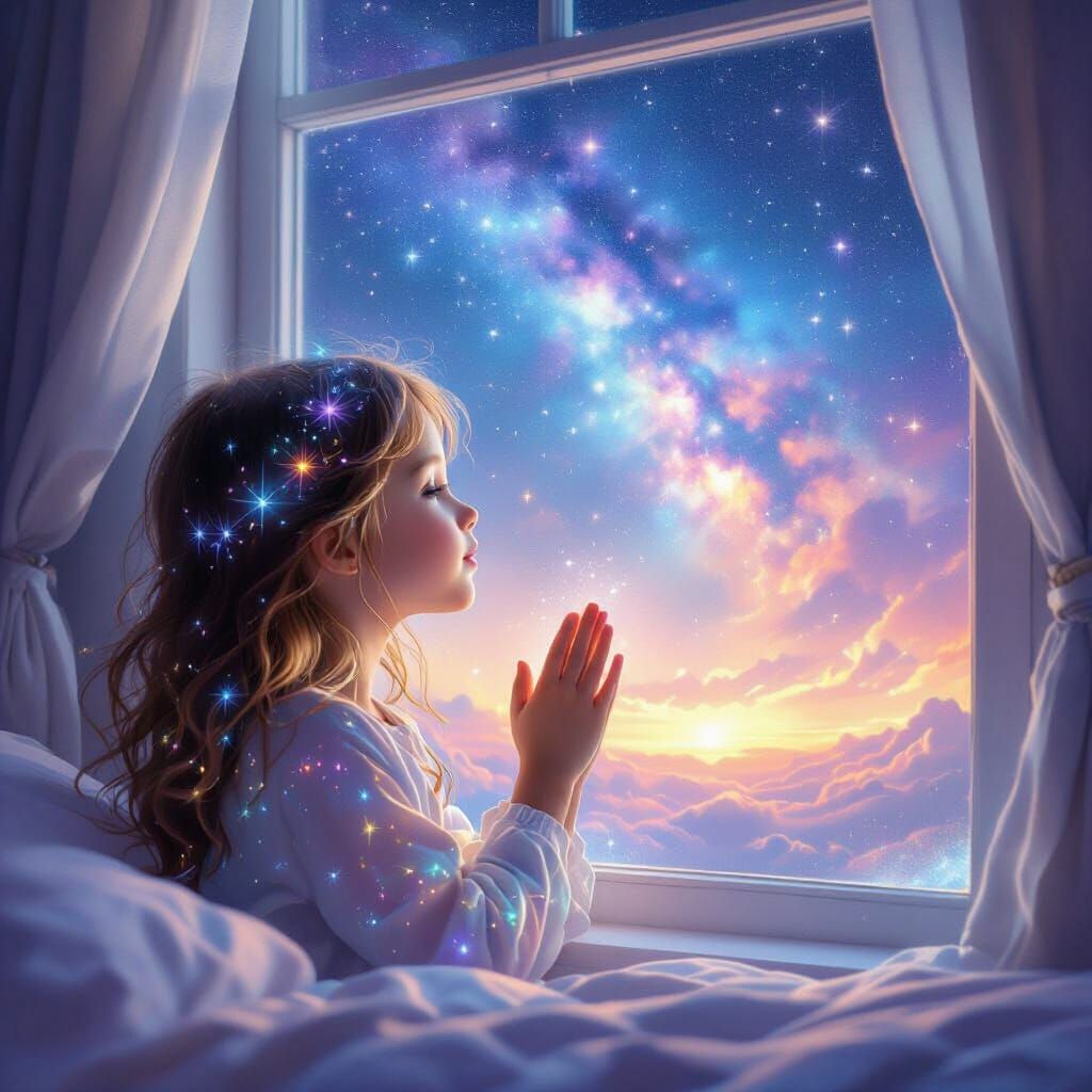 Astral Girl Prays at Window Towards Starry Heaven
