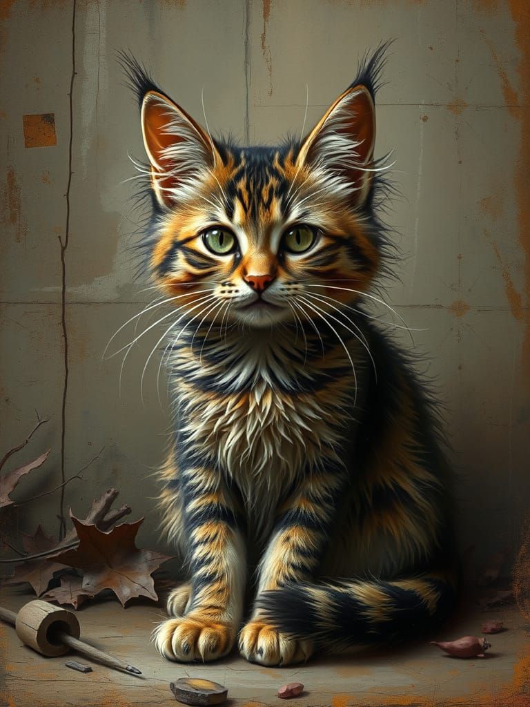 Whiskered Tabby Cat in Gritty Vintage Style