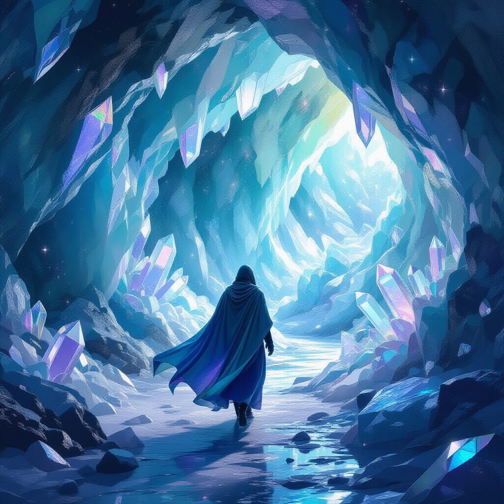 Iridescent Figure in a Crystalline Starlit Cave