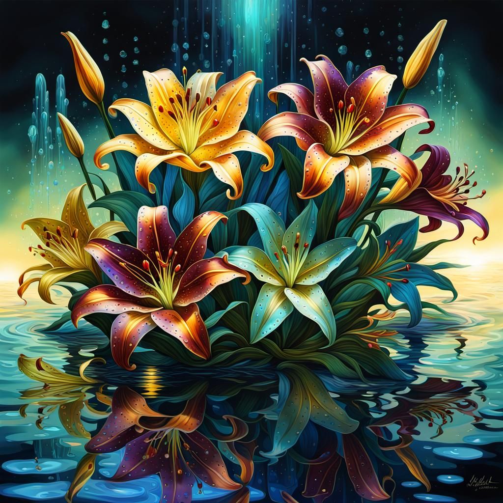 Bioluminescent Lilies Painting with Crystal Effects