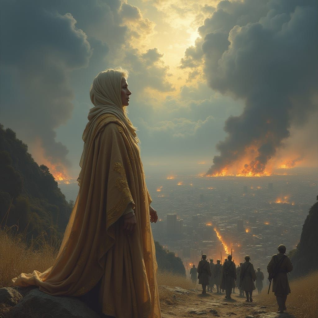 Hope in Turmoil: A Serene Figure Stands Firm Amidst Chaos in...