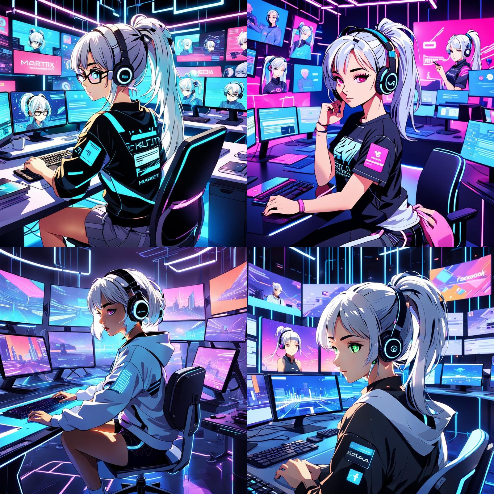 Anime Girl in Futuristic Digital Marketing Studio