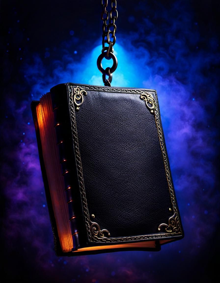 closed leather book on chain (hanging in the air: 2.0) in bl...