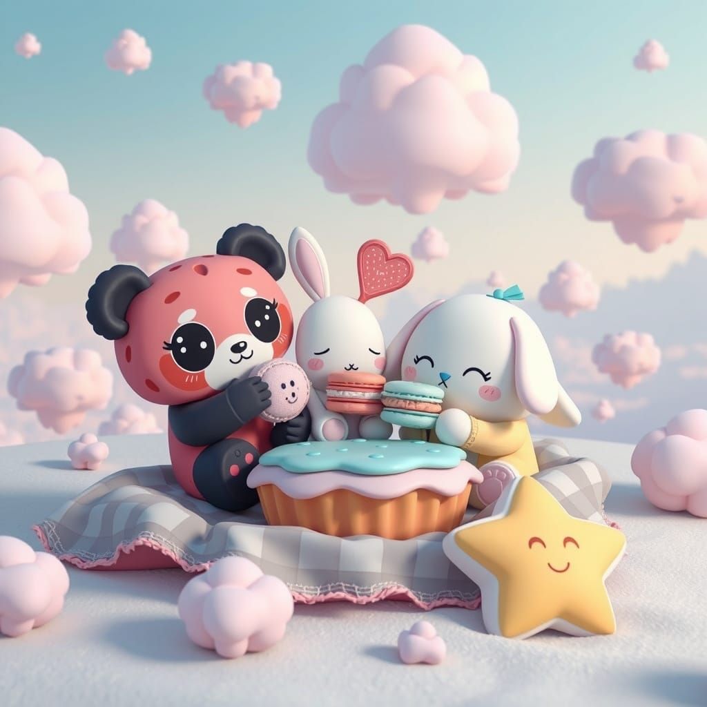 Create a whimsical pastel dreamworld where an adorable cast ...