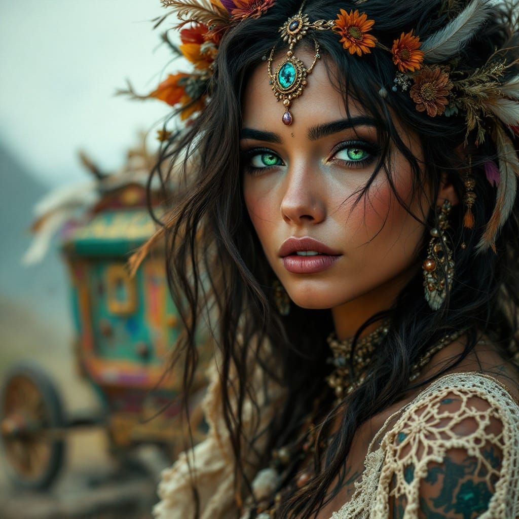 Stunning Bohemian Woman with Emerald Eyes and Free-Spirited ...