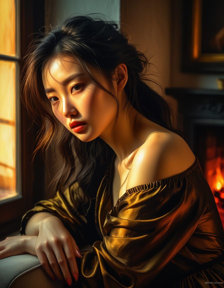 Korean Woman Portrait in Baroque Oil Painting Style
