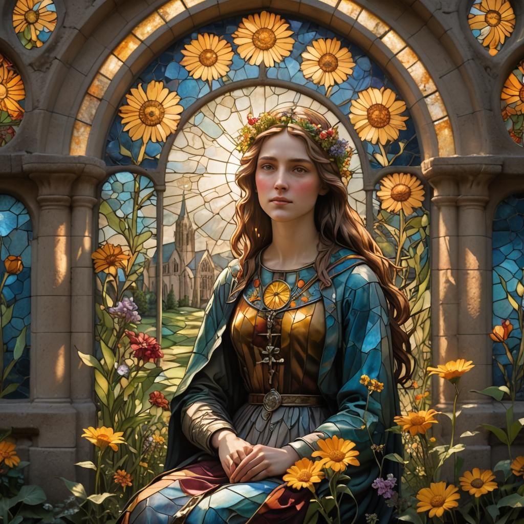 Cathedral Stained Glass Window with Floral Female Figure