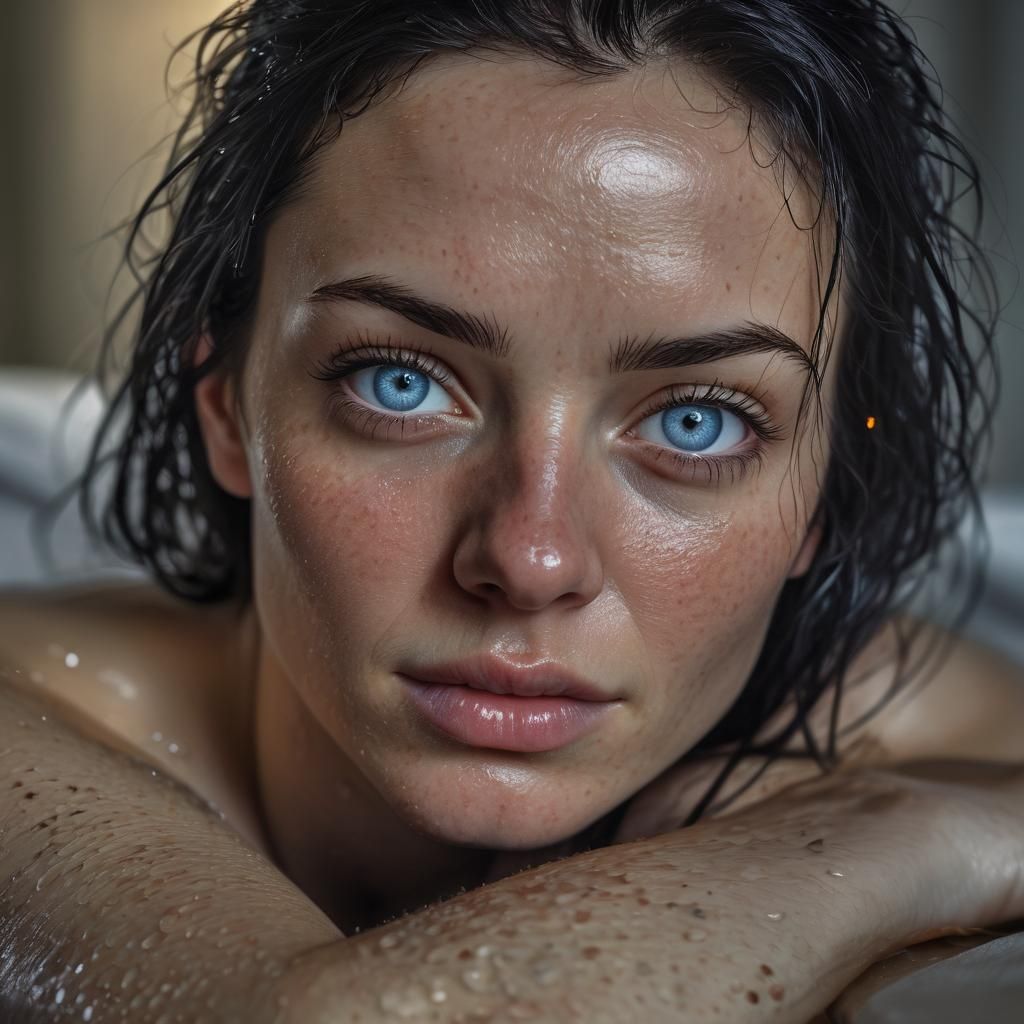Hyperrealistic Woman with Blue Eyes, Wet Hair