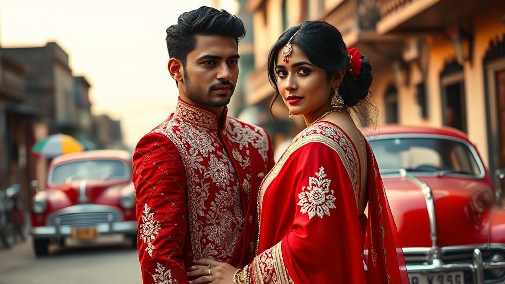 South Asian Couple in Red Sherwani and Saree