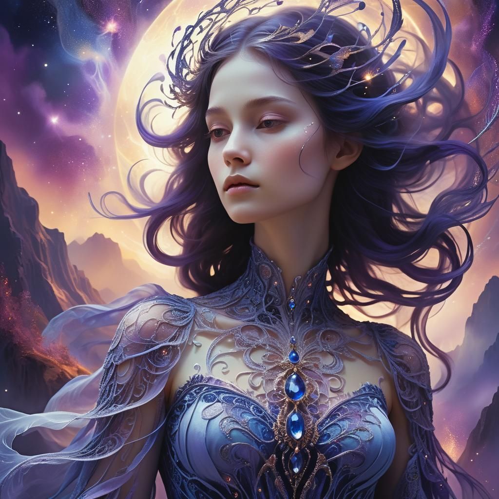 Ethereal Woman Embodies Duality in Surreal Celestial Scene