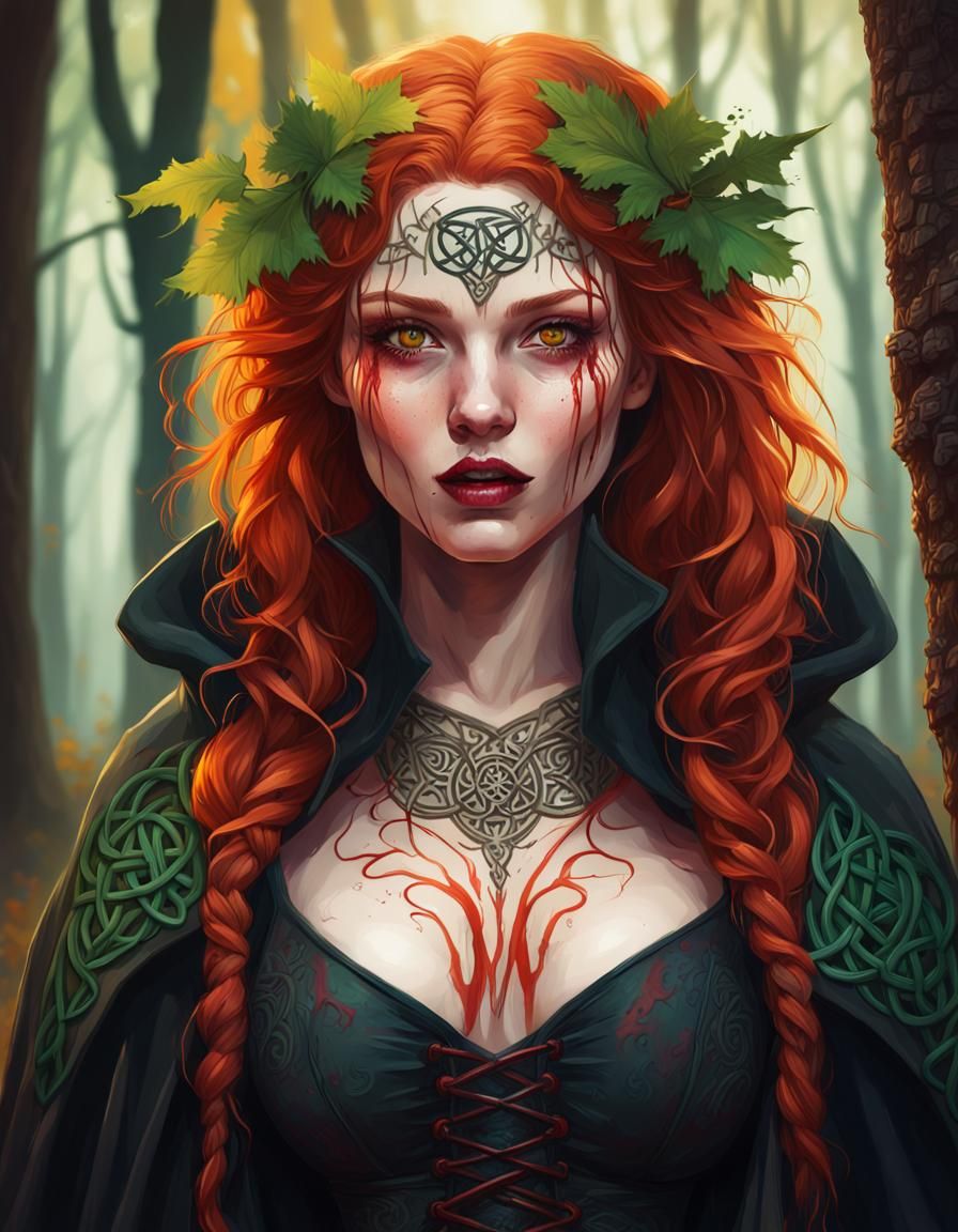 Vampire Druid Girl in Celtic Forest Graffiti Art