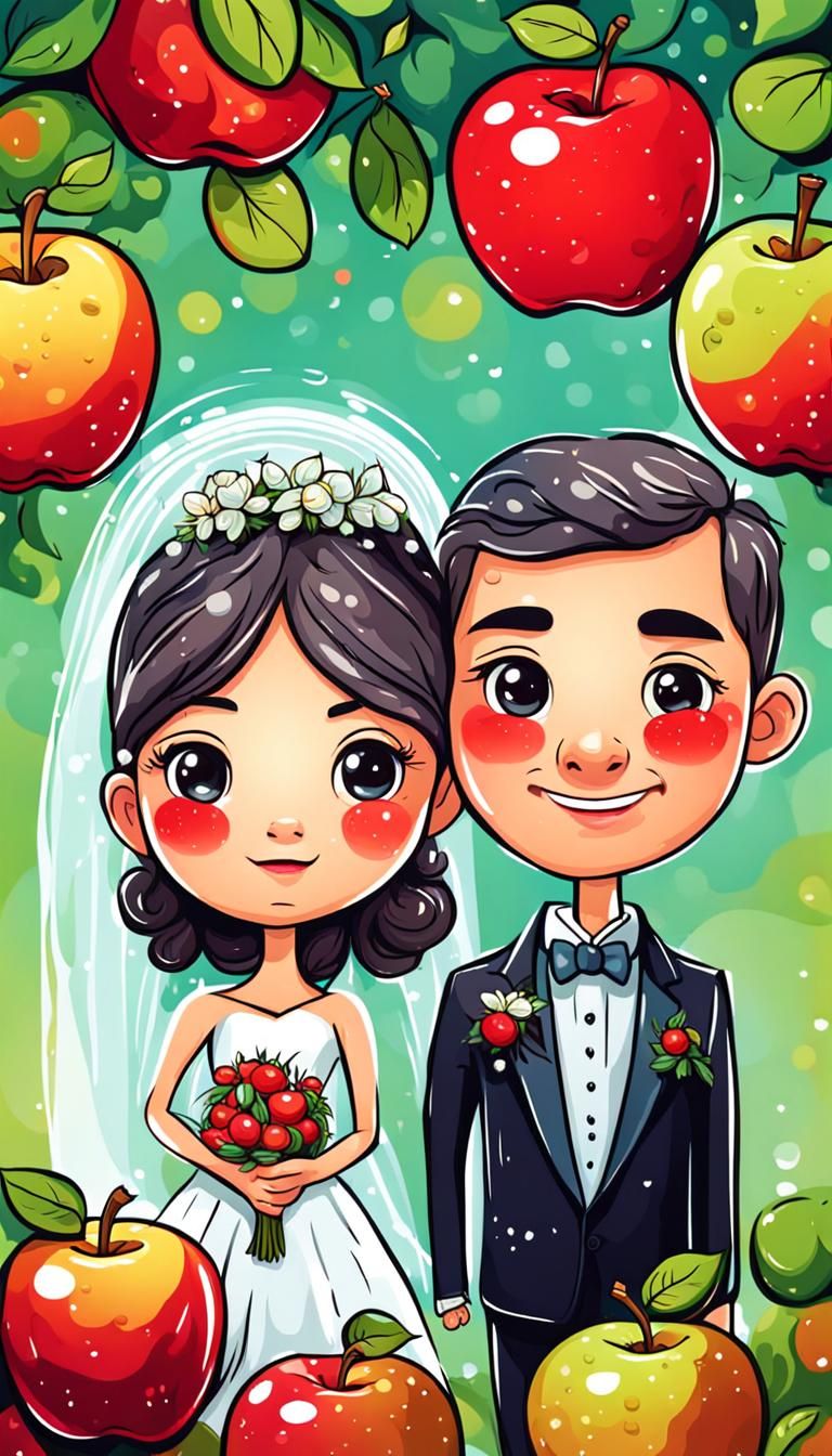 Cartoon Wedding Portrait of Apples in Vivid Colors