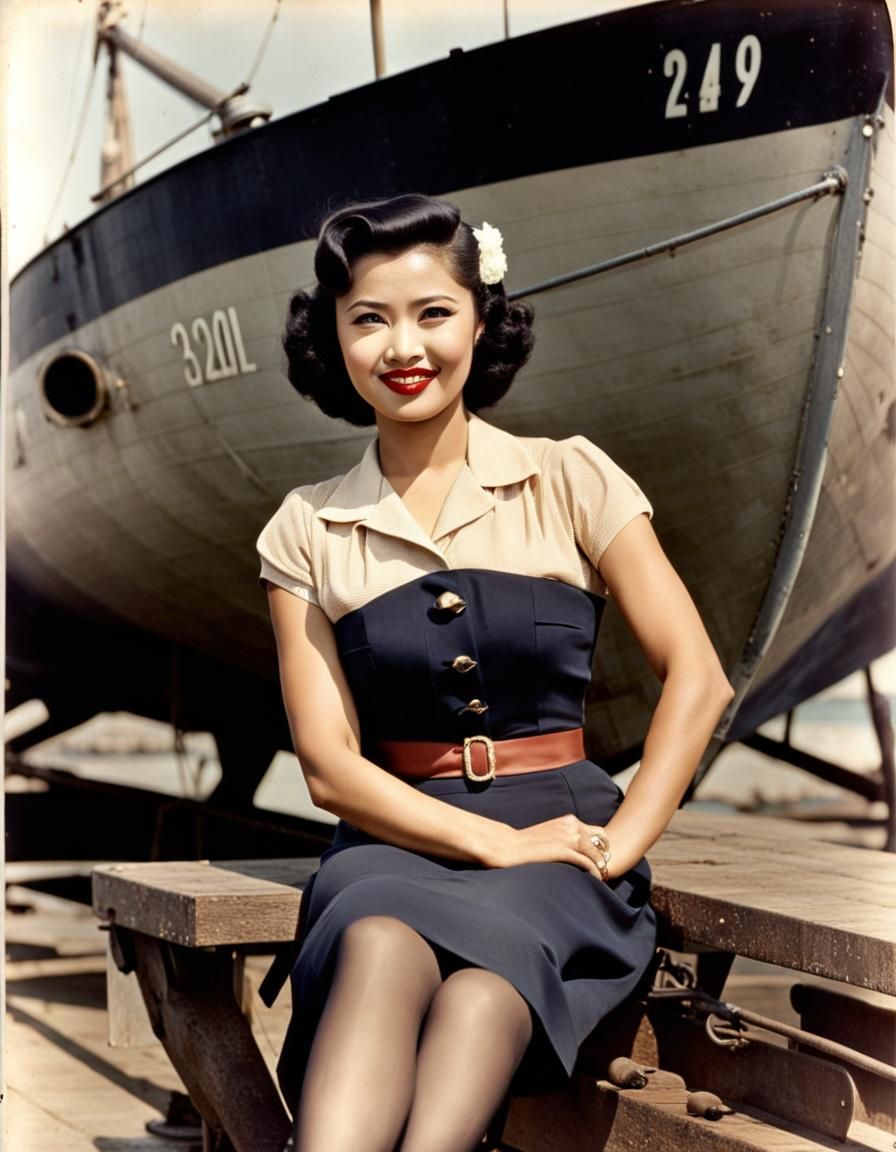 Vintage Indonesian Pin-Up with Torpedo Boat, 1940s Style