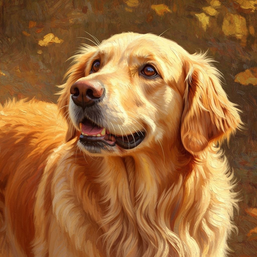 Golden Retriever's Adoring Gaze in Impressionistic Oil Paint...