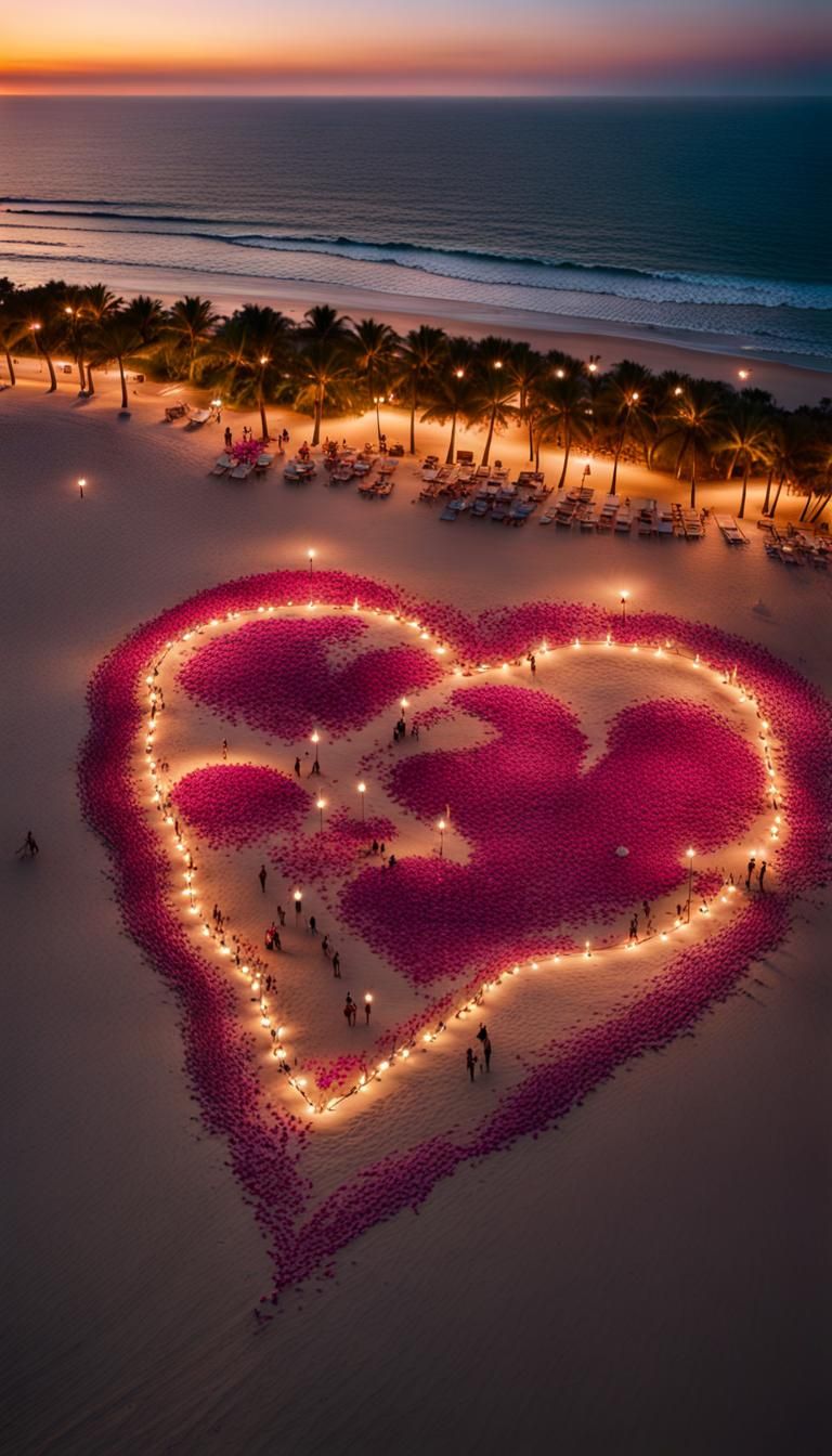 A lively aerial shot of a beach at dusk with candlelight ros...