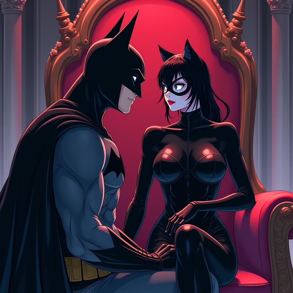 Batman Kneels Before Catwoman in Anime Style