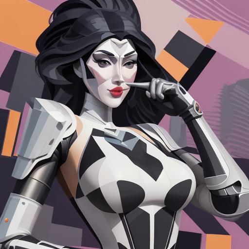 Motorcycle Woman Licking Knight: Cubist Art Deco Painting