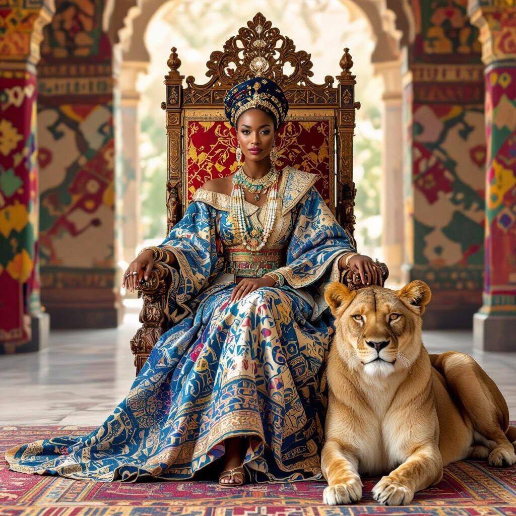 African Princess with Lioness on Ornate Throne