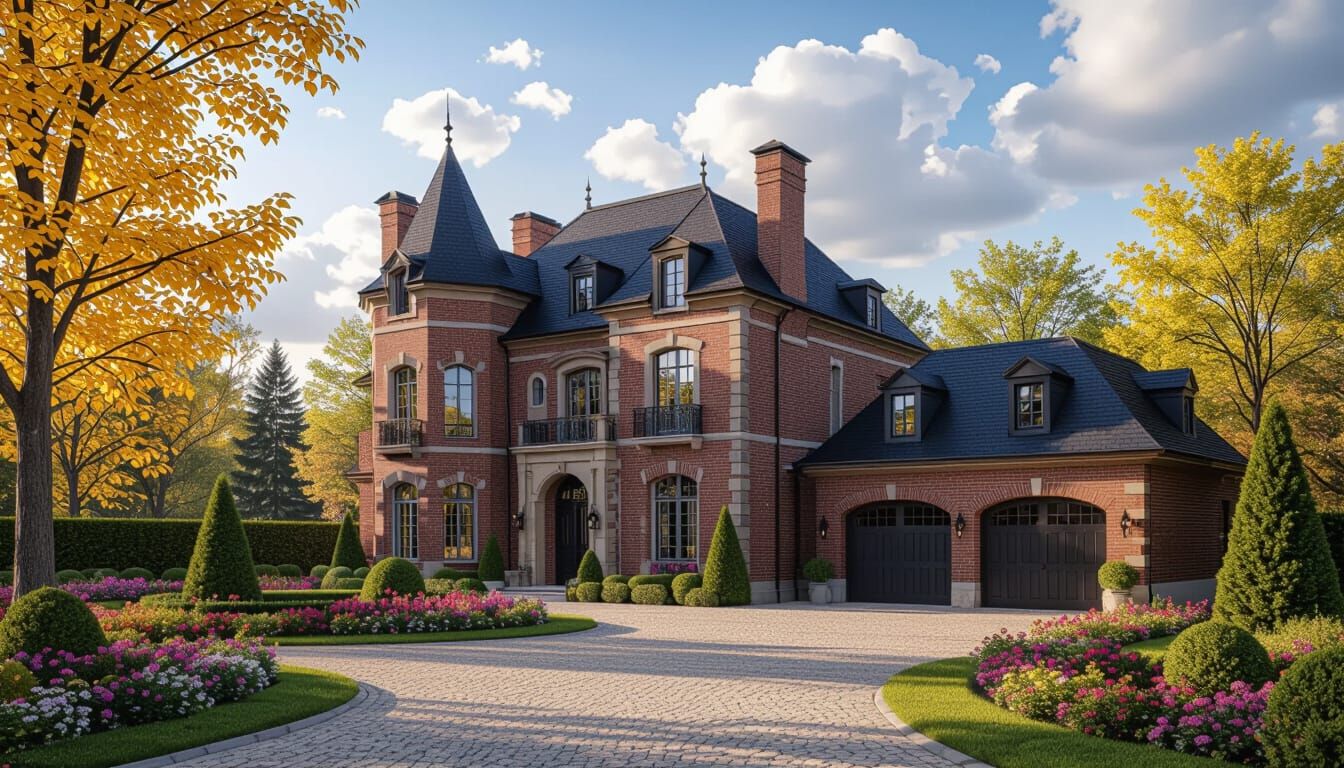 Grand Chateau Amidst Vibrant Garden and Golden Hour Light