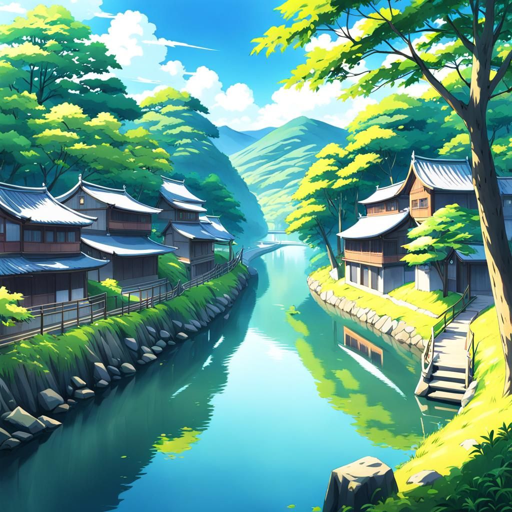 Vibrant Riverside Scene in Anime Style