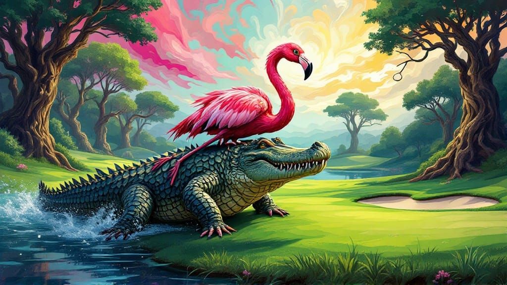 Flamingo Rides Alligator on Golf Course, Surreal Art
