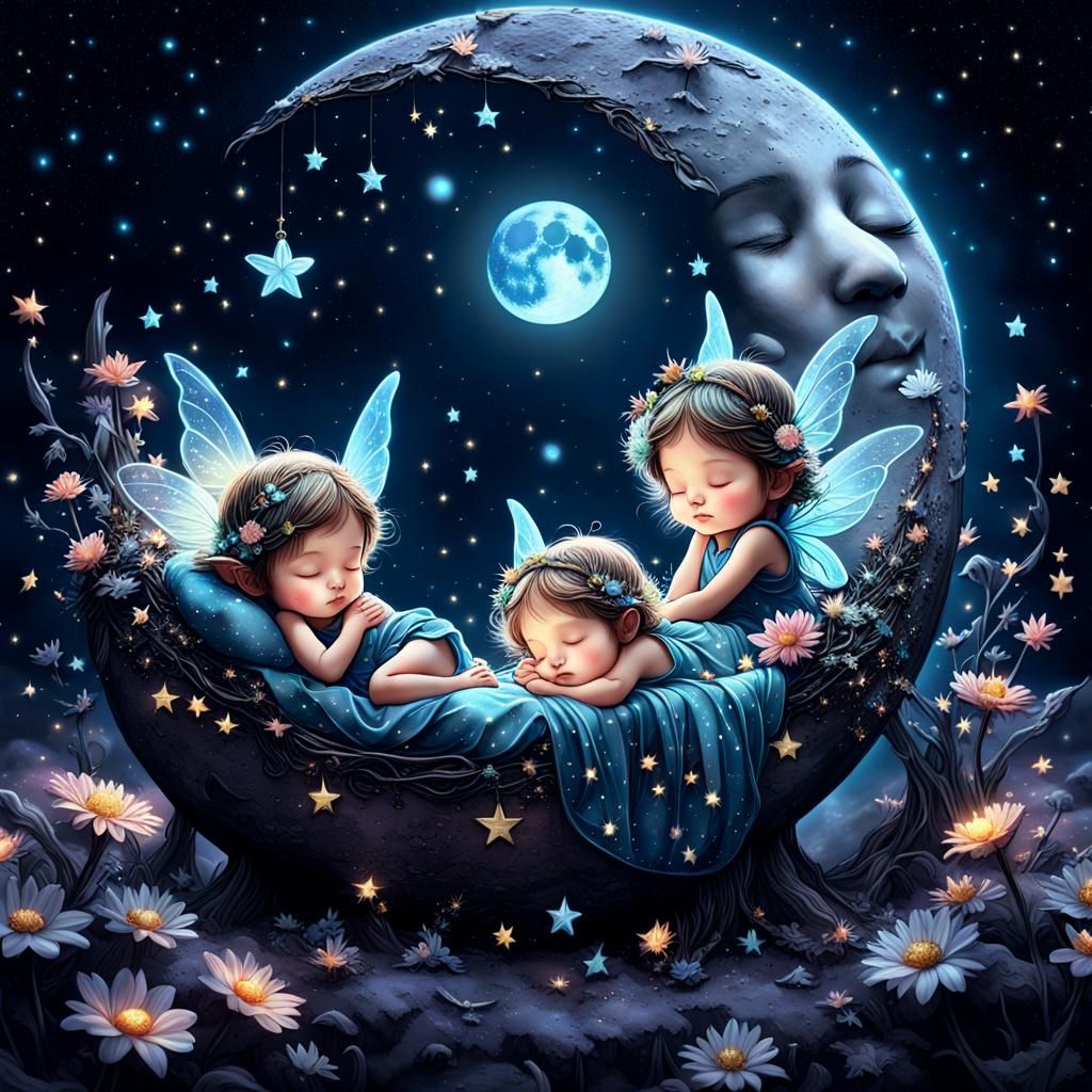 Fairies Sleeping on Bioluminescent Moon in Galaxy