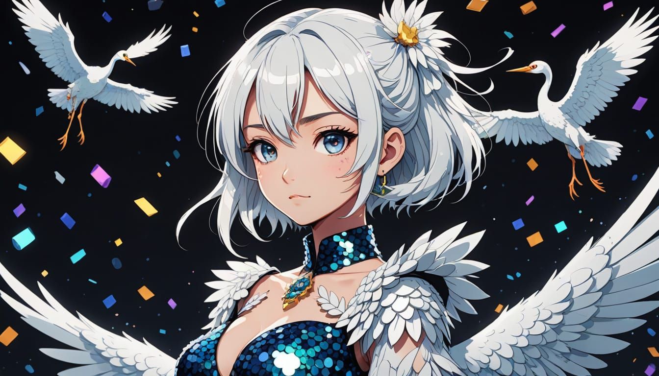 Vibrant Cartoon Master Girl with Crane in Elegant White Sequ...