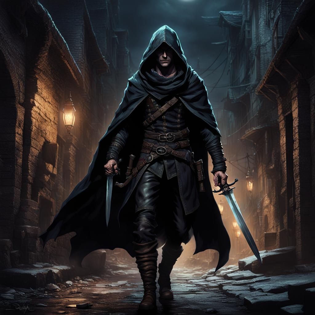 Fantasy Rogue in Dark Alleyway: Detailed Matte Painting