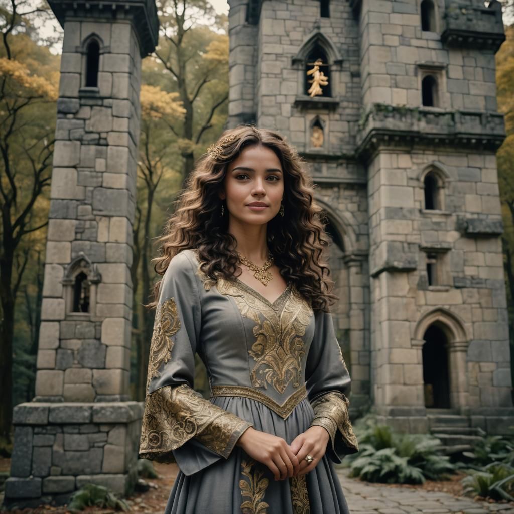 Young Woman in Grey Dress with Tower Background