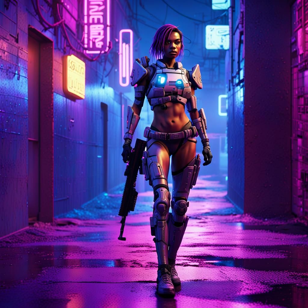 Female Cyborg Bounty Hunter in Neon-Lit Alleyway
