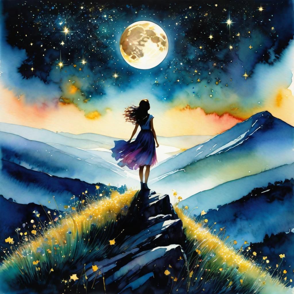 Girl Reaching for Moon in Watercolor Art Deco Style