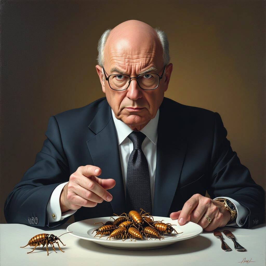 Klaus Schwab Gestures to Insect Plate in Dystopian Art Style