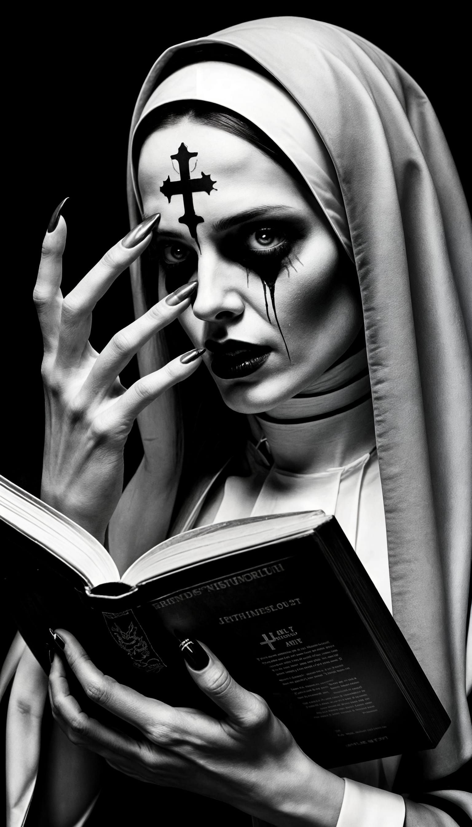 Demonic Nun Reading Dark Book in Gothic Horror Style