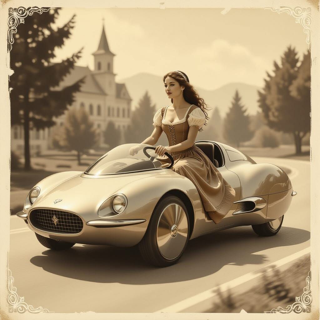 Medieval Woman Rides Futuristic Car in Sepia Tone