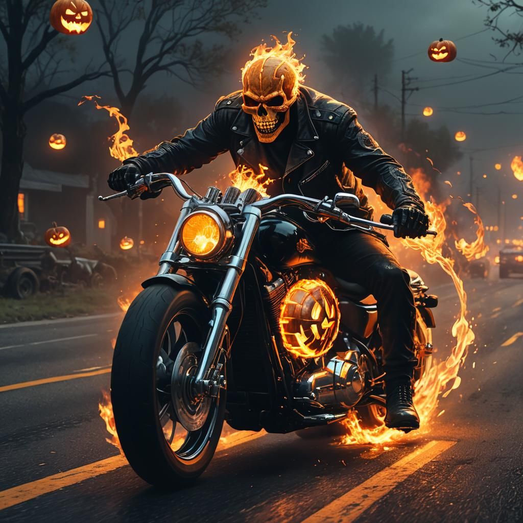 Ghost Rider with Flaming Pumpkin Head in Digital Art