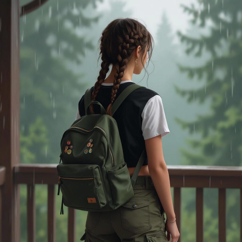 Girl Gazing at Forest in Rain, Earthy Tones