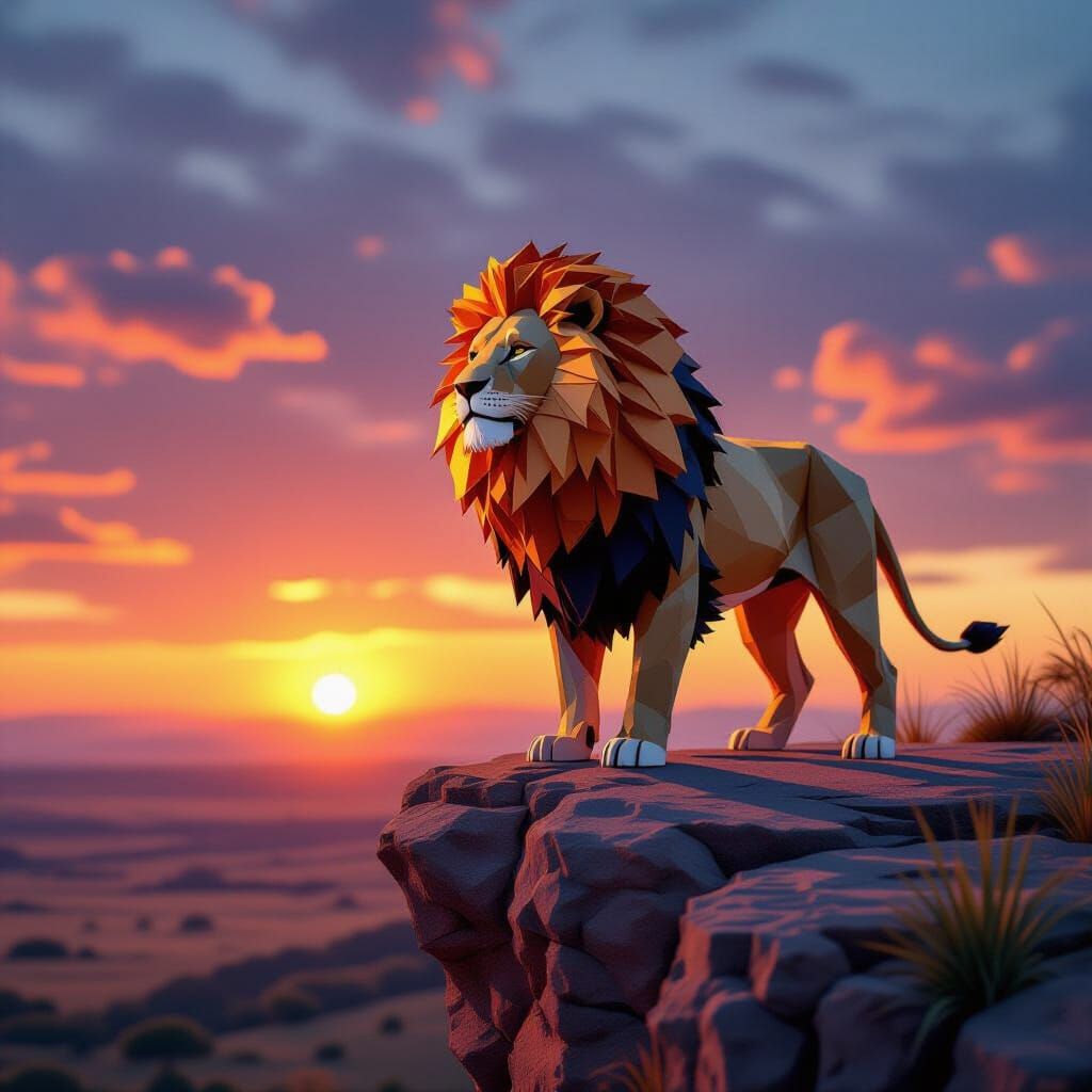 Lion with Origami Mane Overlooking Sunset Savanna