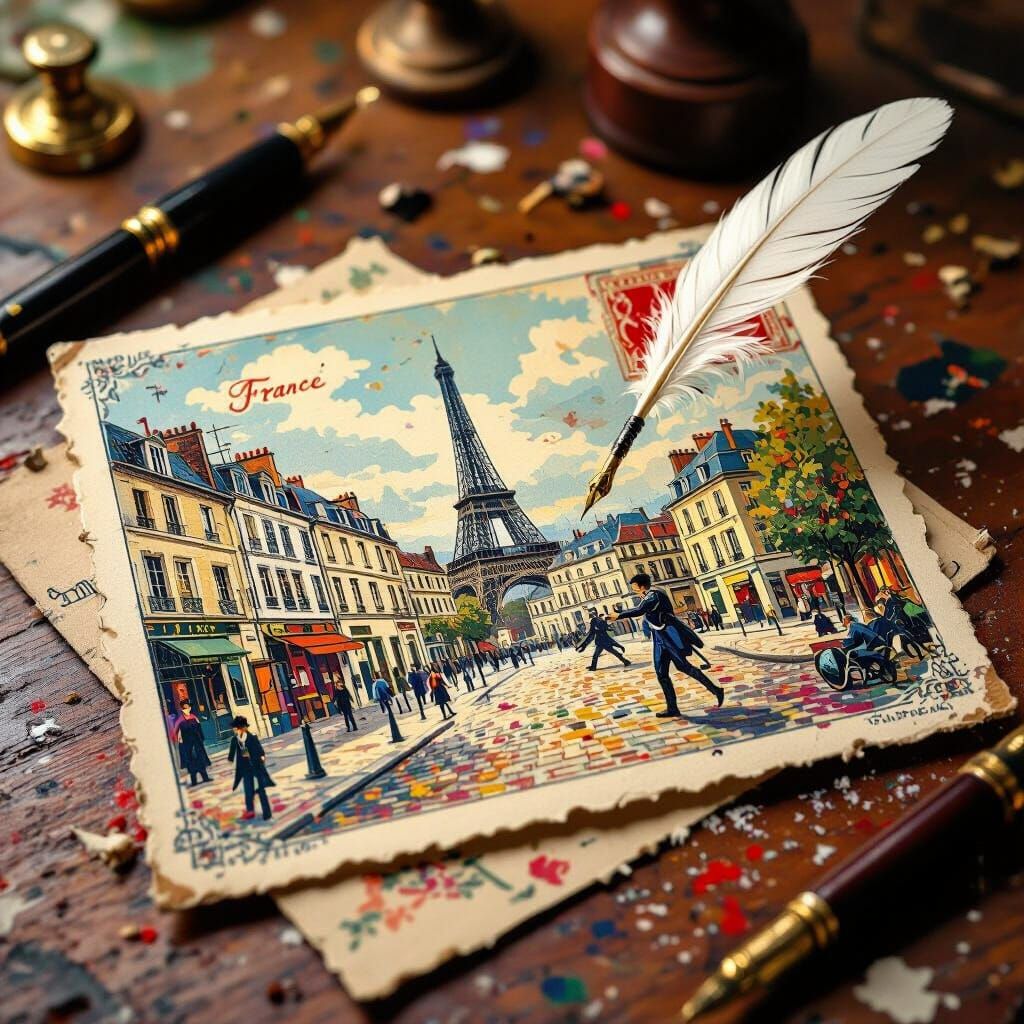 Old Fashioned French Postcard on Work Table