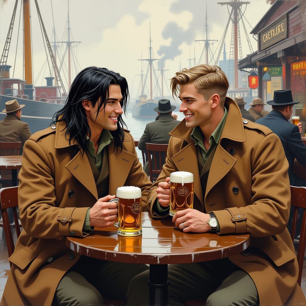 Soldiers Chatting in Pub, Earthy Illustration Style