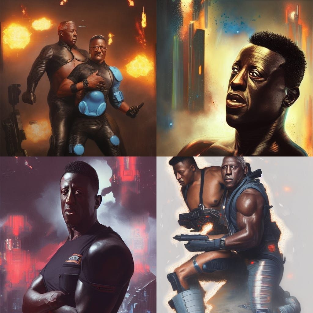 Demolition Man featuring Sylvester Stallone and Wesley Snipes charicatures 8k resolution holographic astral cosmic illus...