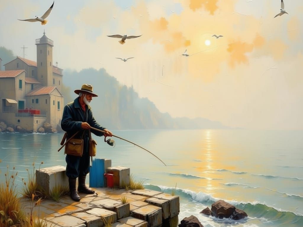 Grizzled Fisherman Casting Line at Dawn in Misty Mediterrane...