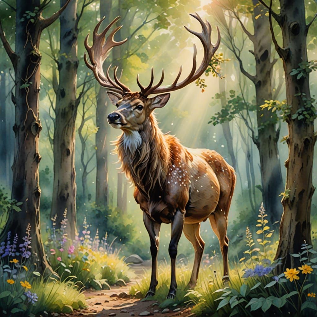 Majestic Stag in Enchanted Forest, Watercolor Style