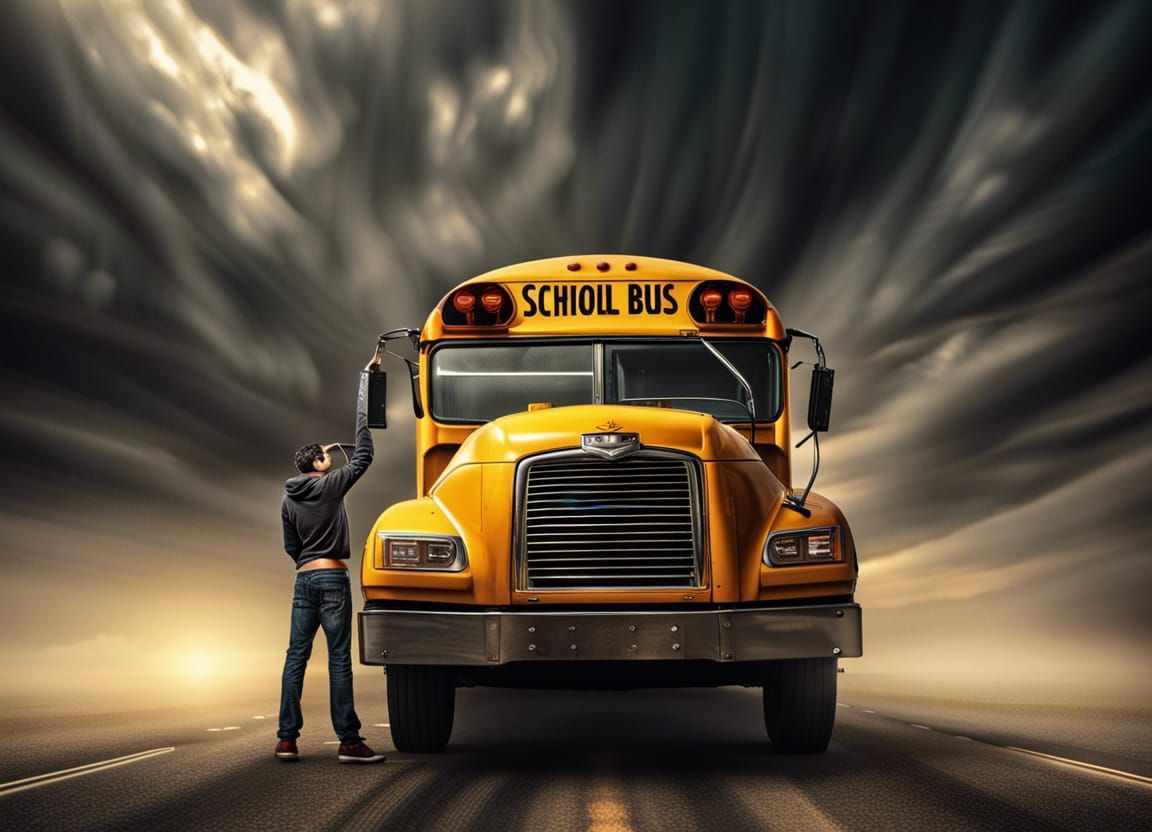 Superhero Strength: Holding School Bus in Dramatic Scene