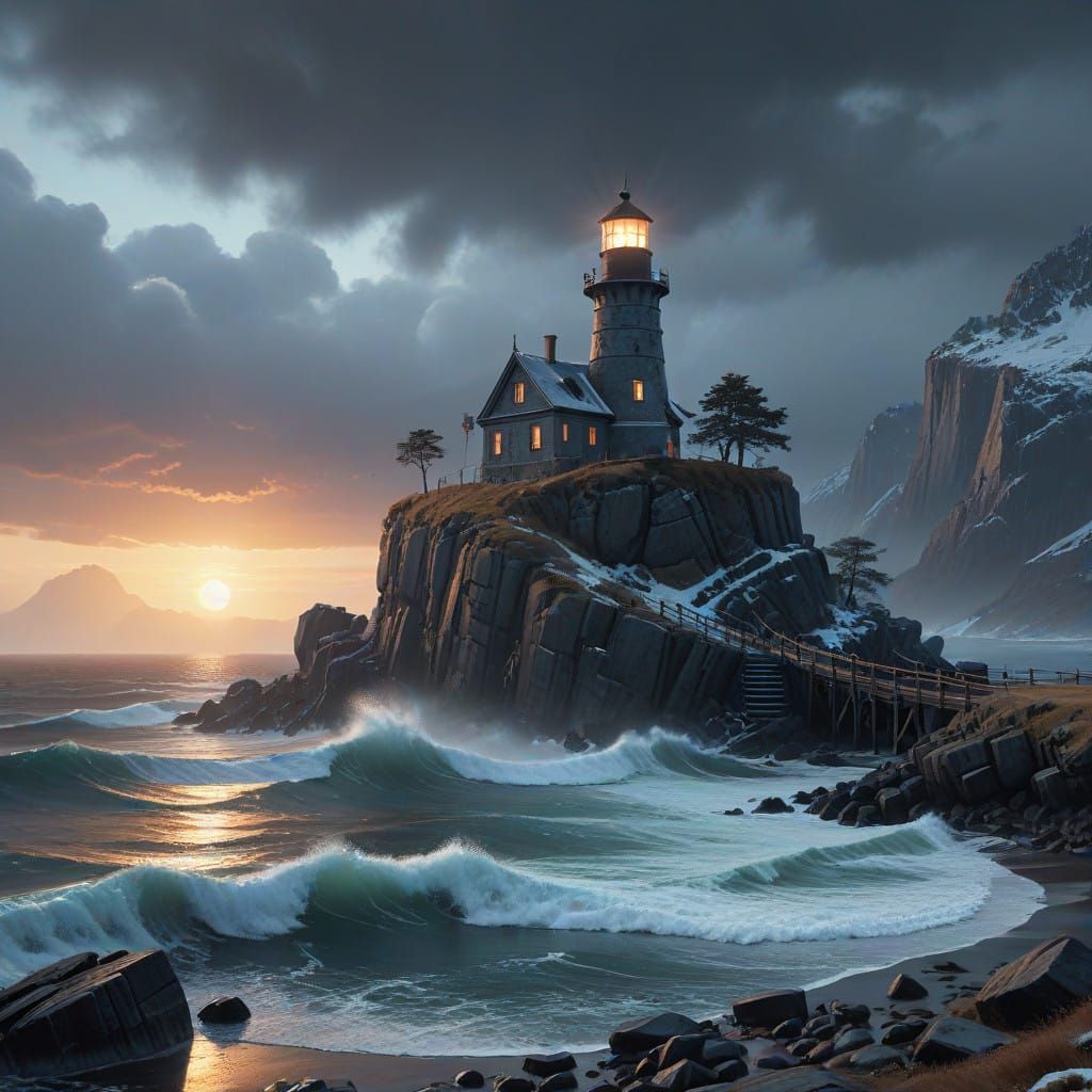 Majestic Neoclassical Lighthouse in Snowy Seascape with Cine...