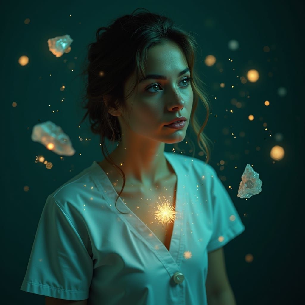 Teal and Gold Nurse Portrait with Crystals