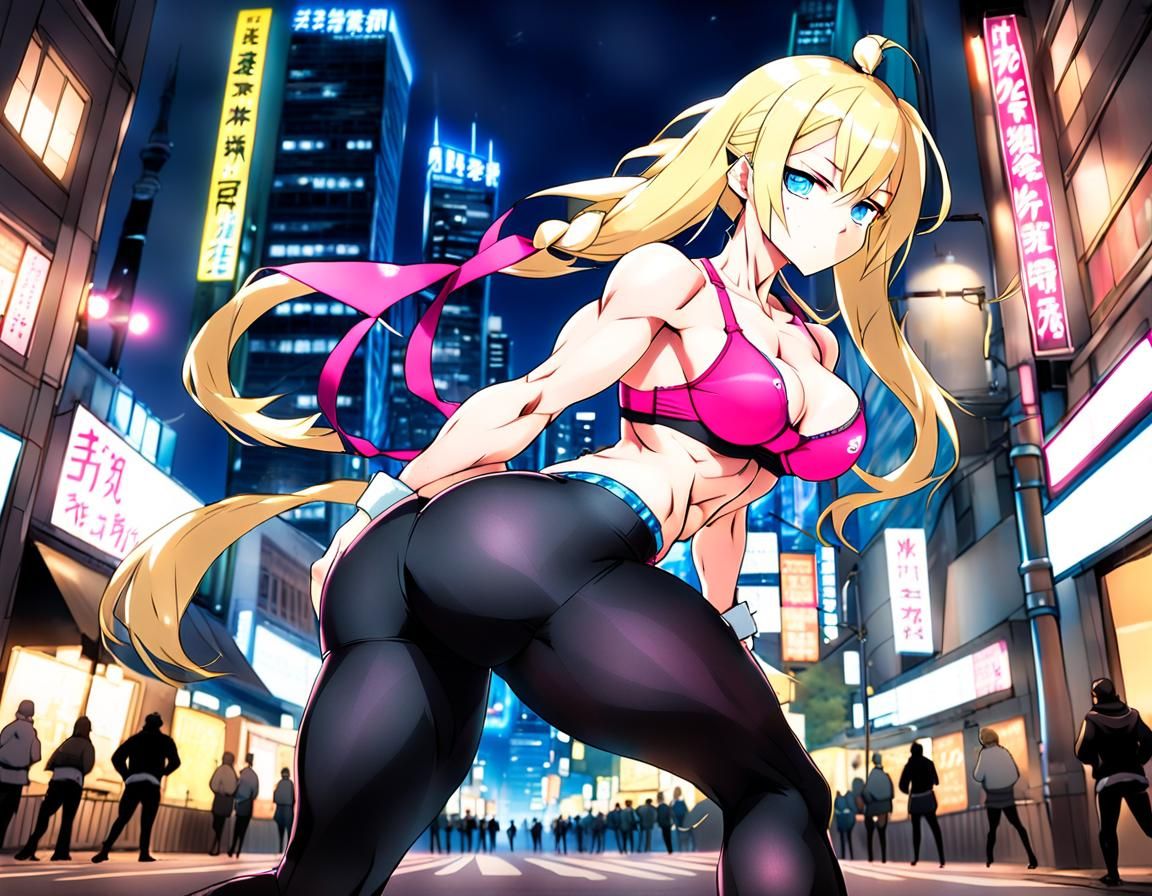Anime Style Muscular Woman in Downtown Scene