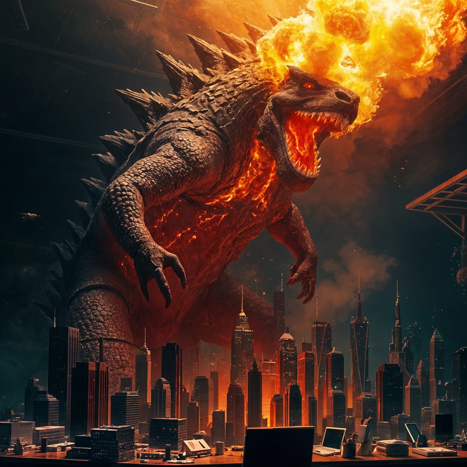 Colossal Monster Incinerates Cityscape in Glass Knolling Mas...